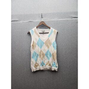 Argyle Pattern Sleeveless Sweater Vest V-Neck 100% Cotton Blue/Beige/Ivory Color